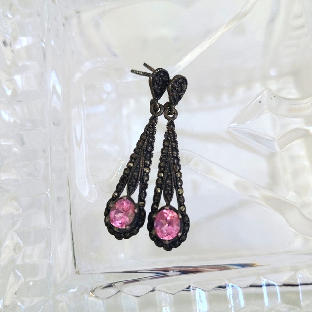 Pink crystal Inlaid Dangle Drop Earrings - Picture 2 of 4